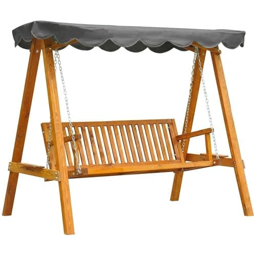 Image of Outsunny 3 Seater Garden Swing Seat with Canopy, Wooden Swing Chair, Outdoor Hammock Bench for Balcony Patio Porch, Dark Grey