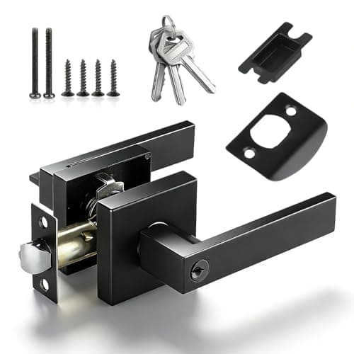 Image of BJHYIZ Black Door Lever Handle Lock, 35-50mm Door Handles with Lock and Key Square Entry Doors Handle Privacy Locks for Bedroom Bathroom Office Right Left