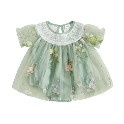 Image of Geagodelia Infant Baby Girl Romper Dress Newborn Baby Girls' Bodysuits Flower Embroidery Jumpsuit Skirt Tulle Princess Dress A-Line Pageant Baptism Wedding Birthday Party Dress (Green, 3-6 Months)