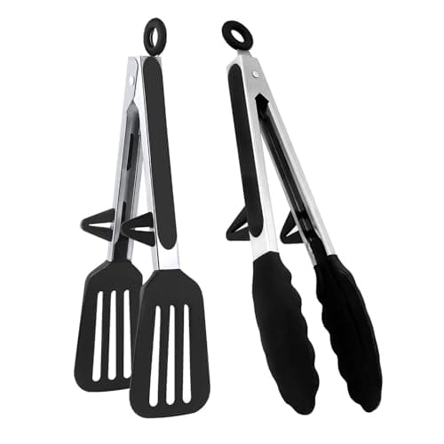 Image of 2 Pcs Kitchen Tongs Silicone with Resting Gadget, Stainless Steel Non-Slip Handle for Baking, Frying, Steak, Serving, Buffet, Barbecue, Pizza, Salad (9 inch)