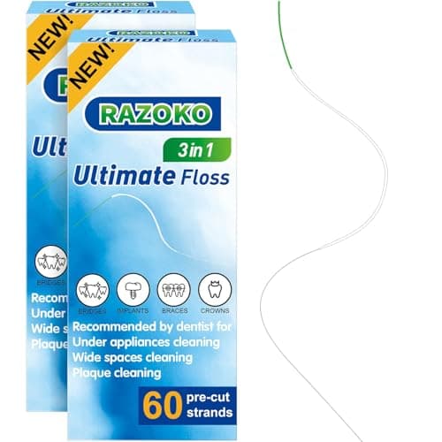 Image of RAZOKO 3-in-1 Floss for Braces, 120 Pre-Cut Strands | Floss Threaders, Spongy & Regular Floss for Bridges & Wide Gaps