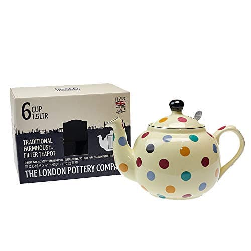 Image of London Pottery 78416 Farmhouse Polka Dot Teapot with Infuser, Ceramic, Ivory/Multicolour Polka Dots, 6 Cups (1.5 Litre)