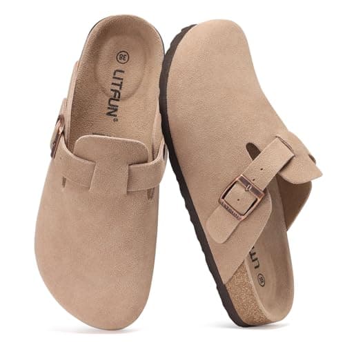 Image of Litfun Women's Genuine Suede Clogs, Soft Footbed Leather Potato Shoes Comfort Slip On Clogs with Arch Support, Taupe 39