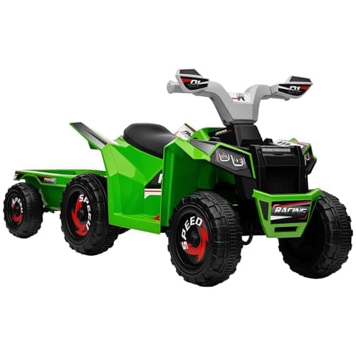 Image of HOMCOM Electric Quad Bike, 6V Kids Ride On All-Terrain with Back Trailer for Ages 18-36 Months - Green