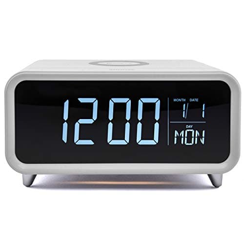Image of groov e Athena - Digital Alarm Clock with Wireless Charger, Night Light, LCD Display, & Dimmer Function - 12hr/24hr Time Modes - Mains Powered, Backup Battery System - White