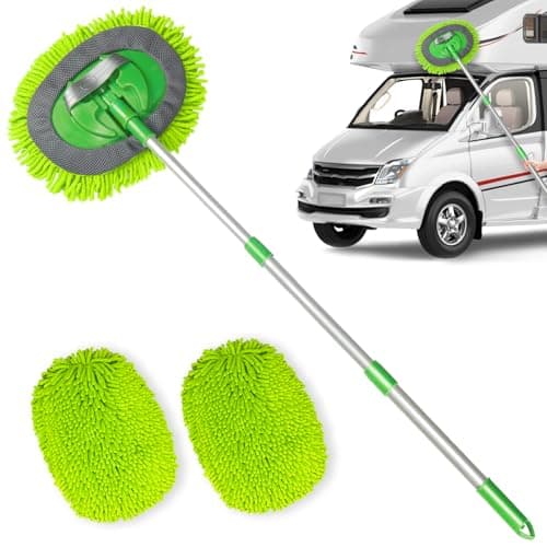 Image of bemece Car Wash Brush Kit with 43.3" Telescopic Handle, Car Washing Brush with 2 in 1 Chenille Microfiber Mop Heads for Cleaning Truck, Caravan Van, Scratch Free (2 x Mop Head)