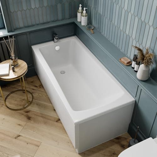 Image of Baystone 1600 x 700mm Single Ended Bath White Gloss Soaking Bathttub, Acrylic Baths for Bathrooms, Straight Wide End, Adjustable Feet, Side Panel Included