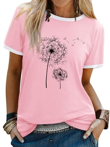 Image of Dresswel Women Dandelion T-Shirt Cute Graphic Print Crew Neck Short Sleeve Summer Tops Basic Tshirts(4-Light Pink,M)