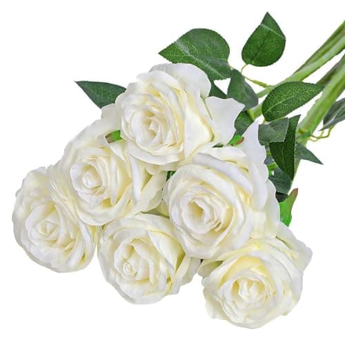 Image of YGHSZ 6 Pcs White Artificial Roses, Realistic Silk Fake Flowers Single Long Stem for Wedding Bouquet, Bridal Centerpieces, Home Party, Table Decoration