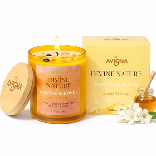 Image of AVIGNA Luxury Jasmine & Honey large Scented Candles,200g Aromatherapy Candle for Bedroom, Bathroom Spa & Cosy Home Décor, Long Burning Jar Candle with Bamboo Lid, scented candles gifts for women & Men