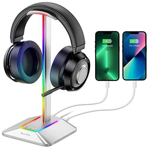 Image of New Bee Headphone Stand RGB Headset Holder with 1 USB-C Charging Port and 1 USB Charging Port, Headset Stand Gaming with 7 Light Modes Suitable for All Earphone Accessories (Silvery)