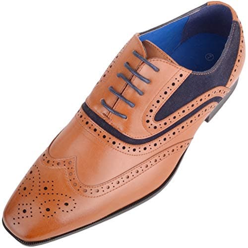 Image of ABSOLUTE FOOTWEAR Mens Slip On Lace Up Formal Smart Work Suit Shoes Brogues with Contrasting Detail - Tan/Navy - UK 7 / EU 41