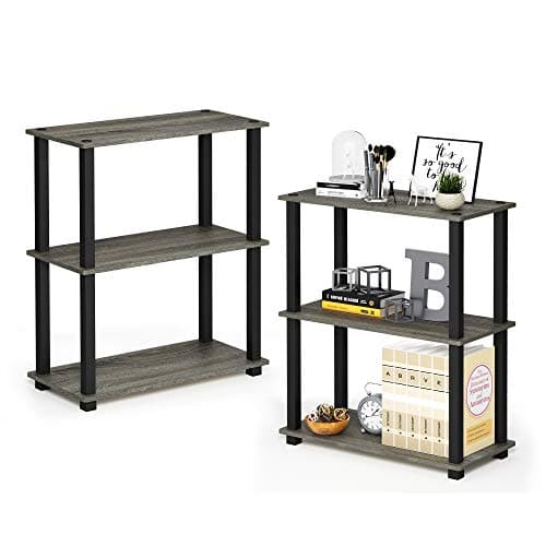 Image of Furinno TURN-S-TUBE Storage Shelves Set of 2, 3-Tier Book Shelf, Corner Shelf, Toolless Open Shelves, Square Tubes, for Organization and Storage, Living Room, Garage, Home Office, French Oak