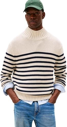 Image of Tommy Hilfiger Men's Breton Stripe Cotton Jumper with Mock Neck, Multicolor (Oatmilk HTR/Desert Sky), L