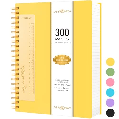 Image of NIRMIRO Notebook Notepad A4, 300 Pages Spiral Note books for Writing, Wirebound Thick Note Pad with 100GSM Lined Paper, Hardback PVC Cover, 21 x 28.5cm, Yellow