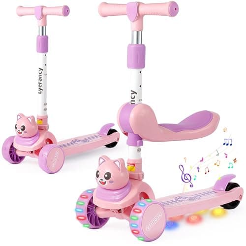 Image of Lyefancy 3 Wheel Scooter for Kids Age 2-8, Kids 2 in 1 Scooter with Detachable Seat, Childrens Folding Scooter with Music and Light up Wheels, Adjustable Height, Lean to Steer(Pink+Purple)