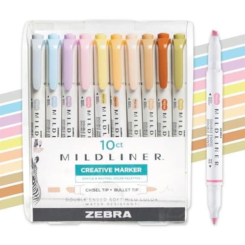 Image of Zebra Pen Mildliner Double Ended Highlighter Set, Chisel and Bullet Point Tips, Assorted Neutral and Gentle Ink Colors, 10-Pack (78701)