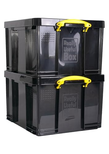 Image of Really Useful Box Plastic Storage 42L Solid Black with Yellow Handles Pack of 2