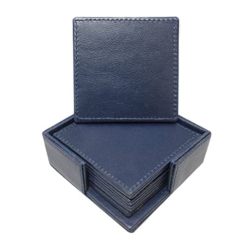 Image of Square Tea Coasters pack of 6 with holder for bar, home, office, Leather, Non-Slip, Heat Resistant Coasters, bar coasters, Drink coasters. (Plain Blue)
