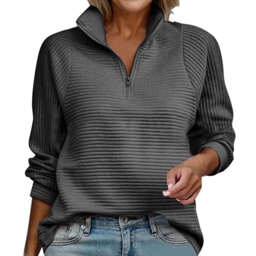 Image of Half Zip Sweatshirt Women, Women's Casual Long Sleeve Half Zip High Neck Pullover Ribbed Knit Jumper Dark Gray M