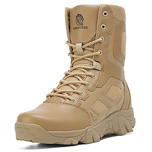 Image of derlychug Men's Military Tactical Desert Combat Boots Side Zipper Leather Army Style Combat Boots(Sand 44)