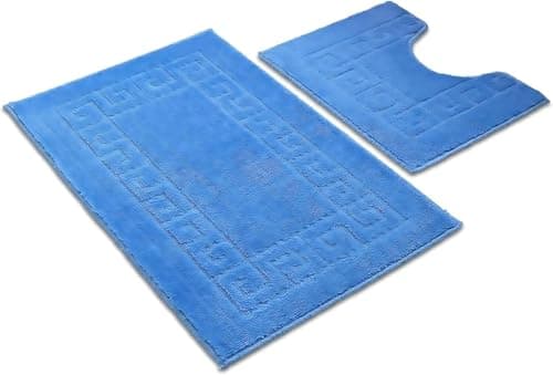 Image of Paradise Products Greek Style Bath Mat Set 2-Piece Non-Slip Bathroom Mats, Shower Mat & Pedestal Mat Soft Washable Quick-Dry Bath Mats for Bathroom Floor Anti-Mould Bath Rug Set (Blue)