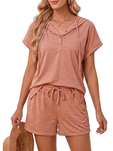Image of Famulily Womens Lounge Co Ord Sets Summer Soft 2 Piece Tracksuit Full Short Set Cap Sleeve Button Down Top & Elastic Shorts Activewear Pink M