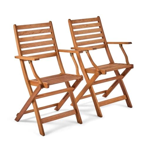 Image of VonHaus Wooden Garden Chairs Set of 2 - Pair of Folding Garden Chairs for Outdoors & Patio - Meranti Hardwood Foldable Deck Seats with Teak Oil Coating & Armrests - Cannes