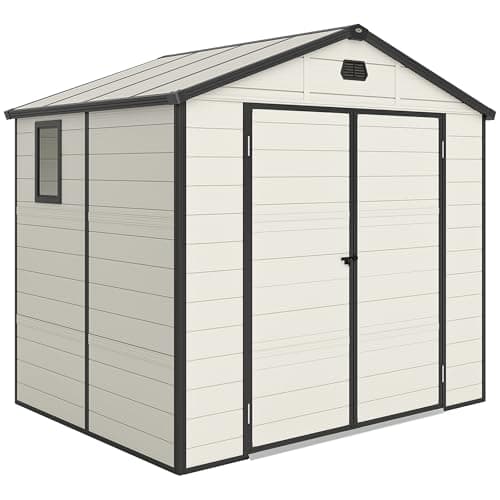 Image of Outsunny 8 x 6ft Plastic Shed with Foundation Kit, All Weather Resistant Resin Outdoor Garden Shed with Vents, Apex Roof and Lockable Door for Patio Lawn, Cream White