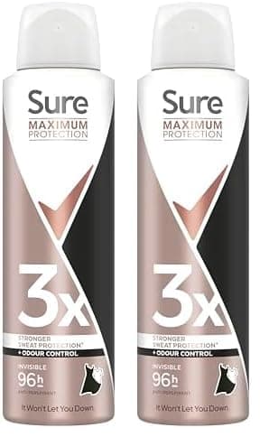 Image of Sure Maximum Protection Invisible Anti-Perspirant Aerosol Women's Deodorant Spray with 3x stronger* sweat protection for 96 hour sweat and odour protection 150 ml (Pack of 2)