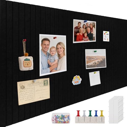 Image of ddckj 120x90cm Large Cork Board 0.9cm Thick Felt Bulletin Board with 100 Push Pins and Adhesive Sticker, Felt Wall Tiles Office Kitchen School for Photos Memos, Black