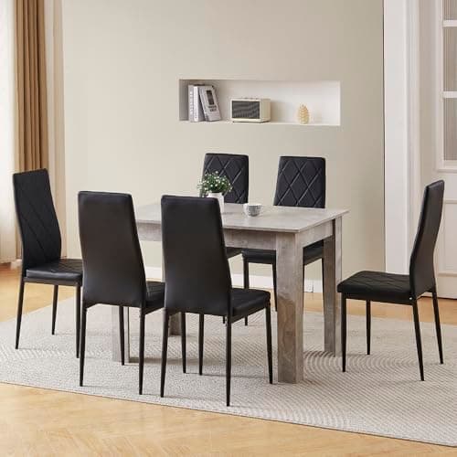 Image of Menaka Grey Dining Table and Pu Leather Chairs Black Set of 6 for Small Space, 7 pieces Kitchen Rectangular Wood Table with 6 Chairs Set Space-saving for Home Restaurant Dorm