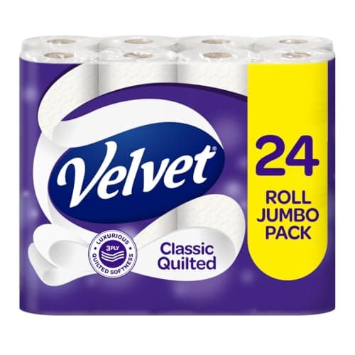 Image of Velvet Classic Quilted Toilet Tissue 24 Rolls - Luxuriously Soft, Strong and Absorbent Toilet Roll - Jumbo Bulk Pack 24 Rolls - 3-ply - White