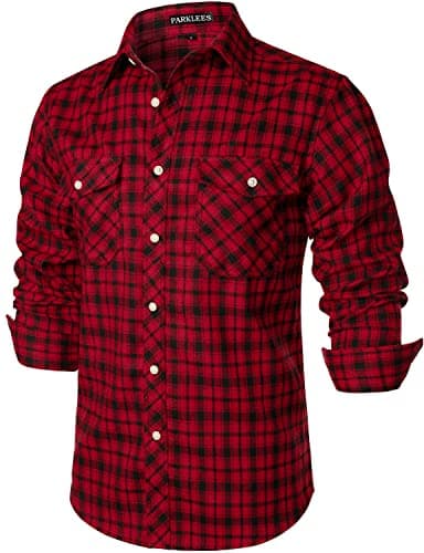 Image of PARKLEES Men's Casual Regular Fit Button Up Flannel Checked Plaid Shirts with Pockets PZLCL41 Burgundy L