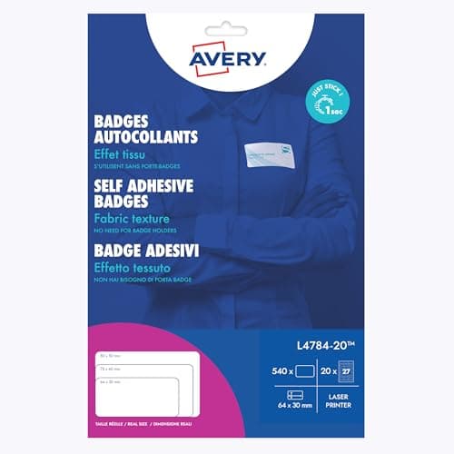Image of Avery L4784-20 Customisable Printable Repositionable Name Badge Labels – 27 Labels per A4 Sheet, White, 63.5 x 29.6 mm, 540 Badges Total