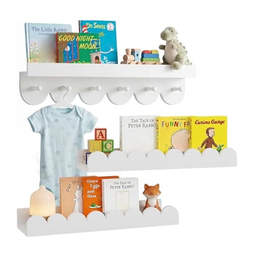Image of Anihet Floating Nursery Book Shelves with Hooks, Set of 3 Scalloped Wooden Wall Book Shelf, Books Toys Organizer for Bedroom Kids, Toddler Room, Baby Room, 40cm (White)