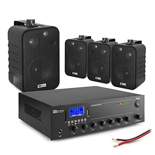 Image of Background Music PA System with 4x Power Dynamics 4" Wall Speakers & 50W Bluetooth Mixer Amplifier - 100V Audio Installation for Cafés Bars Shops Restaurants (Black)
