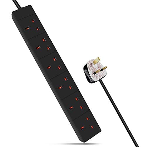 Image of ExtraStar 6 Way Extension Lead, 13A Fused UK Plug Extension Socket, 3M Extension Cable Power Strip - Black
