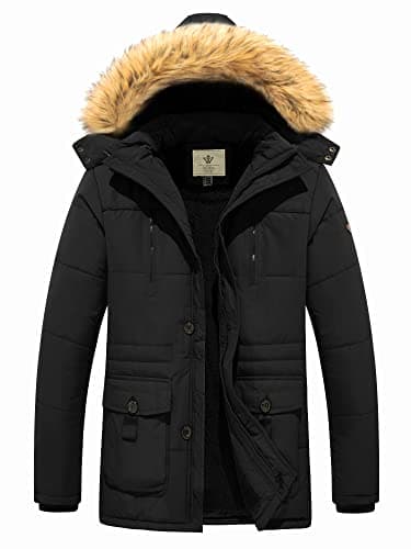 Image of WenVen Men's Thickened Long Sleeve Jacket Warm Cotton Quilted Coat Insulated Fleece Lining Jackets Hooded Windproof Coat Black L