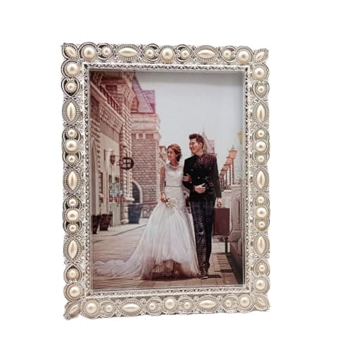Image of Xshelley 5x7 Pearl Picture Frame with Crystal for Wedding,Silver Plated with High Definition Glass Photo Frames,Pearls Inlaid with White electroplated Bright Silver zinc Alloy Photo Frame