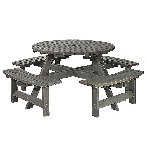 Image of BrackenStyle York 8 Seat Round Picnic Table with Bench Seats and Parasol Hole - Outdoor Dining Furniture for Pubs Garden Patio Use 8 People Seater 1.8M 180cm 6ft Diameter (Dark Grey Wash)