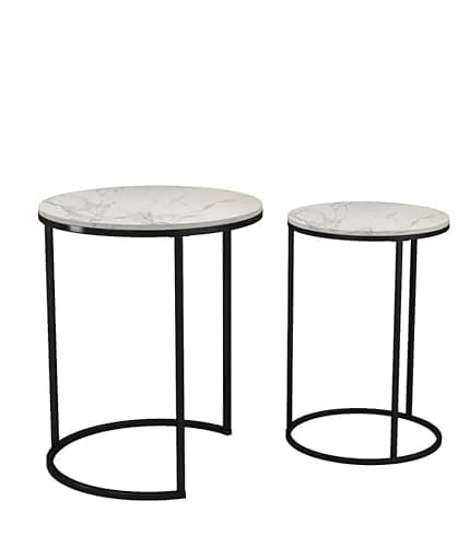 Image of URBNLIVING 2 Pcs Round Nesting Stacking Sofa Side Bedside End Tables Set White Marble Wooden Top with Black Metal Leg Modern Space Saving Accent Coffee Tea for Living Room Bedroom Office