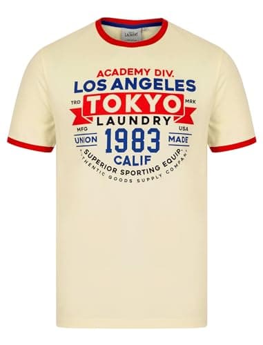 Image of Tokyo Laundry Men's Vintage Retro Motif Jersey Grindle Crew-Neck Ringer T-Shirt Snow White