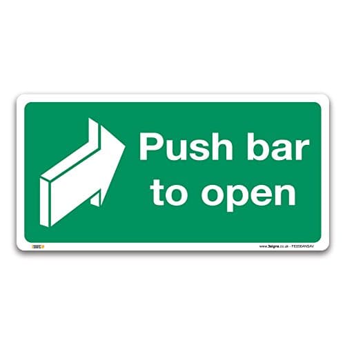 Image of Pack of 2 Push bar to open Fire exit Sign, Self-adhesive Vinyl Sticker 100x50mm, British Standard Fire Safety Door Signs
