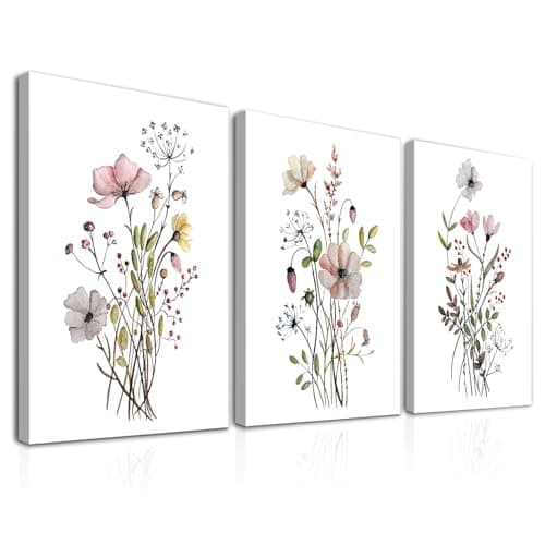 Image of Dazzlewall 3 PCS Framed Wildflower Wall Art Minimalist Flower Prints, Botanical Floral Canvas Wall Art Poster for Bedroom Living Room Decor 12x16 in