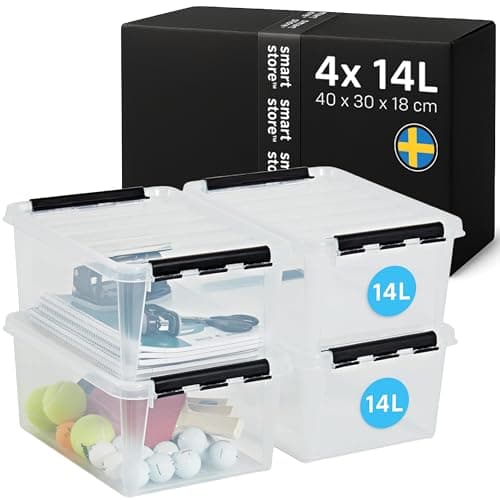 Image of SmartStore - 4x Plastic Storage Box with Lid Classic 14L (40x30x18cm) |Plastic Storage Drawers with Lid|Food-Safe Material|Kitchen & Organisation I Durable Container for Home & Office|10-Year Warranty