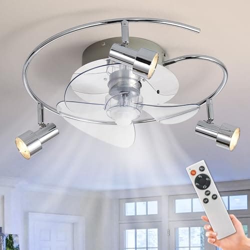 Image of Depuley Modern Ceiling Fan with Spotlights: Chrome 15.7" Round Track Light Fixture with Fan for Bedroom- 3 * 4W LED Spot Light and Fan Combo with Remote Control Reverse Quiet DC Motor Timer