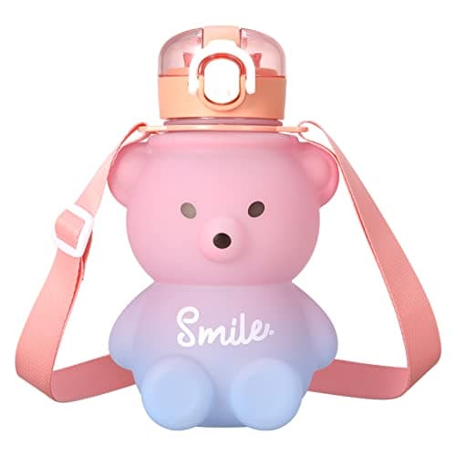 Image of Smilcloud Kawaii Water Bottle With Straw, Bear Drinking Bottle 800ml Leak-Proof Water Cup Bottles with Shoulder Strap for Teens Kids Girls Travel School Office (FBWOY6255)