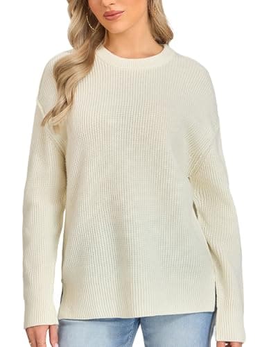 Image of VETLURY 100% Merino Wool Oversized Women's Jumper UK，Ladies Cosy Chunky Warm Crew Neck Knitted Sweater Exposed Seam Side Slit Tops for Spring Fall Winter Cream White