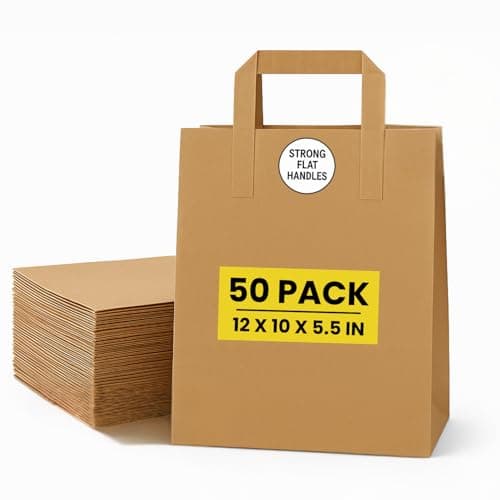 Image of Brown Kraft Paper Bags with Handles – 50 Large Recyclable Biodegradable SOS Carrier Bag (12" x 10" x 5.5") | Eco-Friendly, Strong Takeaway, Grocery, Shopping, Lunch, Party & Gift Bags for Catering